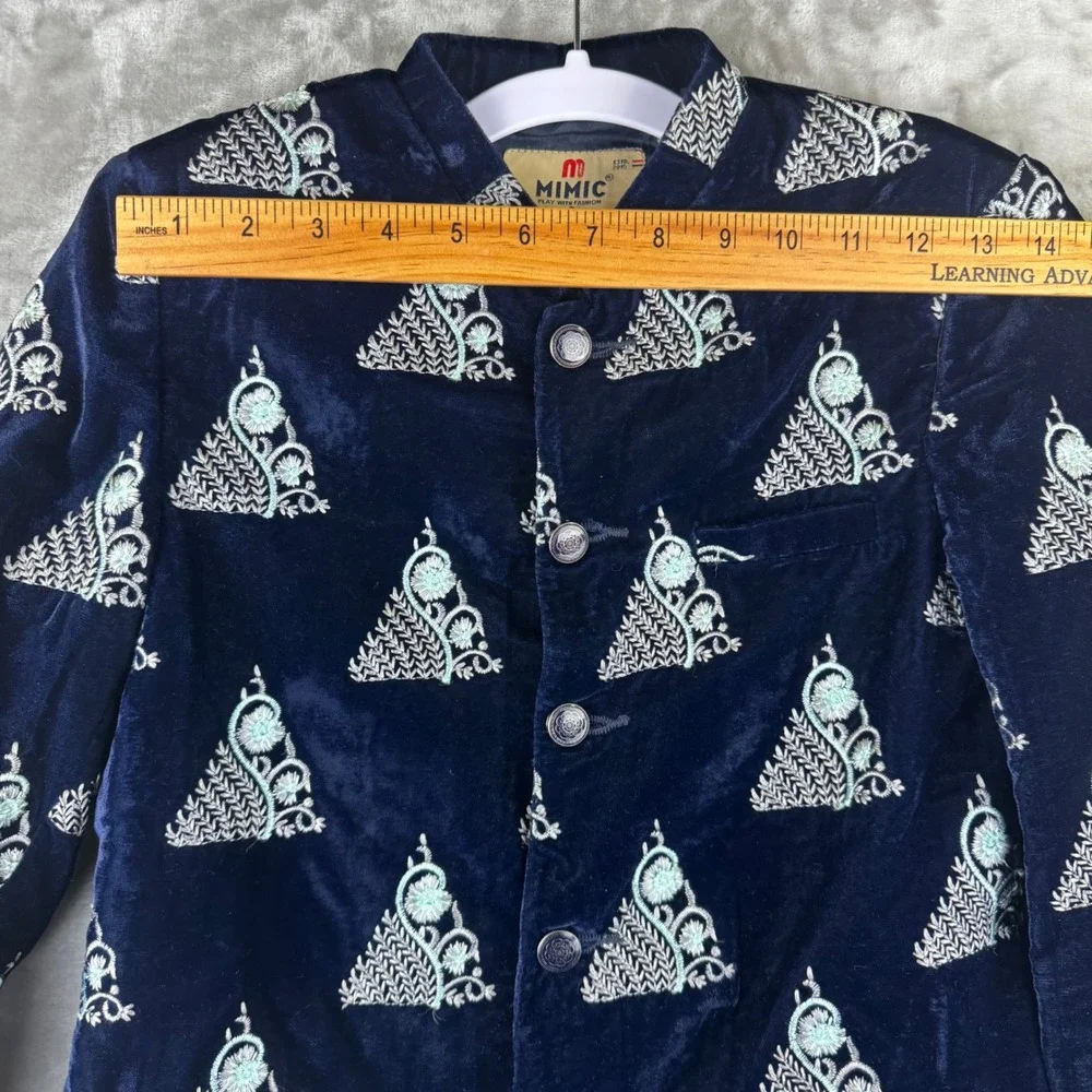 Mimic Velvet Blazer Kids Size‎ 9 Navy Blue Embroidered Mandarin Collar (1640)